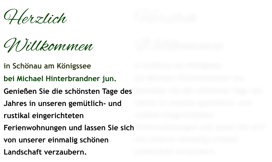 Herzlich Willkommen in Schönau am Königssee bei Michael Hinterbrandner jun. Genießen Sie die schönsten Tage des Jahres in unseren gemütlich- und rustikal eingerichteten Ferienwohnungen und lassen Sie sich von unserer einmalig schönen Landschaft verzaubern.