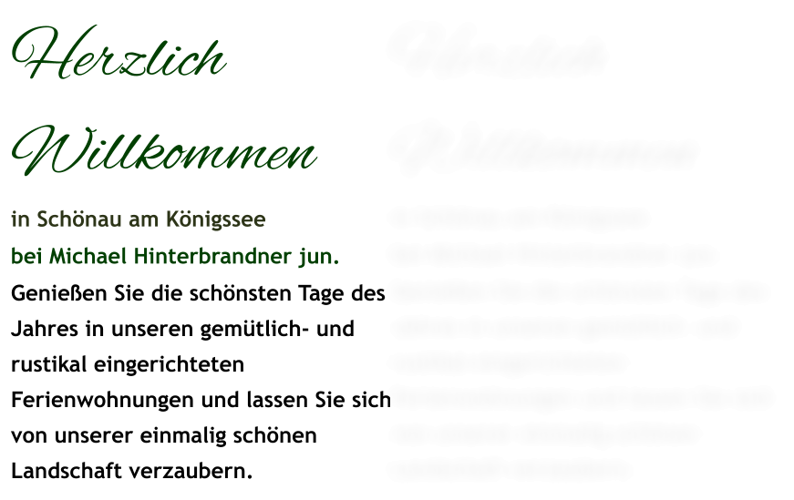 Herzlich Willkommen in Schönau am Königssee bei Michael Hinterbrandner jun. Genießen Sie die schönsten Tage des Jahres in unseren gemütlich- und rustikal eingerichteten Ferienwohnungen und lassen Sie sich von unserer einmalig schönen Landschaft verzaubern.